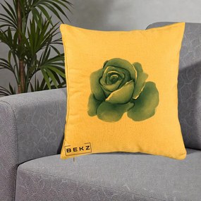 Perna Decorativa Trandafir Albastru Acuarela, 40x40 cm, Galben, Husa Detasabila, Perna Inclusa, BEKZ®