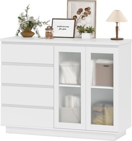 HOMCOM Bufet, sideboard cu 4 sertare, 2 uși din sticlă, design modern, MDF, Alb | Aosom Romania