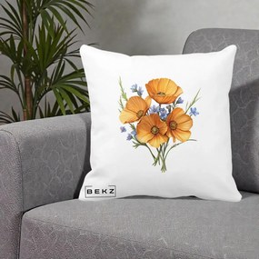Perna Decorativa Maci Portocalii cu Floricele Albastre, 40x40 cm, Alba Mata, Husa Detasabila, Perna Inclusa, BEKZ®