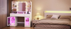 Masuta de machiaj 107 cm, cu Oglinda LED si 3 Sertare pentru Cosmetice, Set Masa toaleta Alba, masuta cosmetica, vanity cu dulapiore si rafturi -