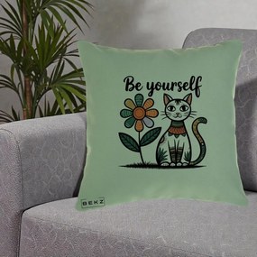 Perna Personalizata Be Yourself Pisica Folk, 40x40 cm, Verde, Husa Detasabila, Perna Inclusa, BEKZ®