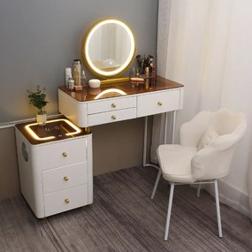 Set OFELIA – Masă de Toaletă pentru Machiaj, Oglindă iluminată LED, Control Touch, 6 sertare, Comoda, Scaun, Difuzor Bluetooth, zona încărcare fără fir, Alb, 80x40x78 cm