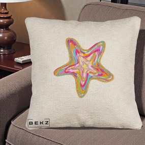 Perna Decorativa Stea de Mare Colorata Psiheledic, 40x40 cm, Bej Canapea, Husa Detasabila, Perna Inclusa, BEKZ®