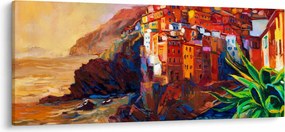 Tablou - Satul de coastă Cinque Terre, Riviera italiană, impresionismul modern (120x50 cm)