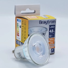 Bec LED Braytron, 4.8W(50W), GU10, 350 lm, lumina calda (2700K), semitransparent, clasa energetica F