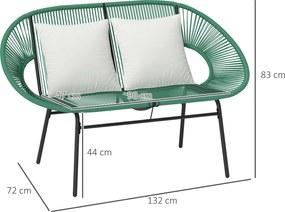 Outsunny Bancă de Grădină 2 Locuri din Răchită PE, Canapea de Exterior cu Perne, Cotiere și Cadru din Oțel, Bancă pentru Terasă și Curte, 132x72x83 cm, Verde Închis | Aosom Romania