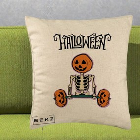 Perna Decorativa Halloween Schelet cu Cap de Dovleac Powerlifting, 40x40 cm, Bej, Husa Detasabila, Perna Inclusa, BEKZ®