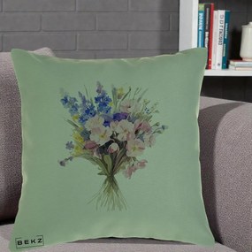 Perna Decorativa Buchet Floral Acuarela Primavara, 40x40 cm, Verde, Husa Detasabila, Perna Inclusa, BEKZ®