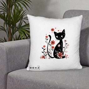 Perna Decorativa Pisica Neagra Flori Roz si Inimi, 40x40 cm, Alb Pufos, Husa Detasabila, Perna Inclusa, BEKZ®