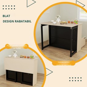 HOMCOM Set de bar 3 piese, Masă de bar cu placă pliabilă, 2 scaune de bar, 6 compartimente de stocare, negru+stejar, 116 x 70 x 89,5 cm | Aosom Romania