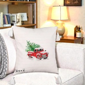 Perna Decorativa Camioneta Rosie Brad de Craciun, 40x40 cm, Bej cu Franjuri, Husa Detasabila, Perna Inclusa, BEKZ®