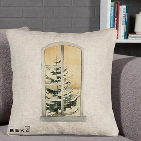 Perna Decorativa Fereastra cu Brad de Iarna, 40x40 cm, Bej Canapea, Husa Detasabila, Perna Inclusa, BEKZ®