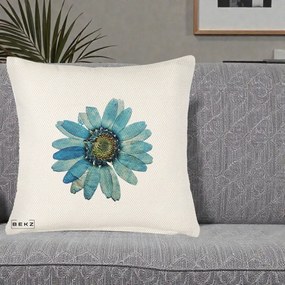 Perna Decorativa Floare Margareta Albastra Acuarela, 40x40 cm, Crem Reliefat, Husa Detasabila, Perna Inclusa, BEKZ®