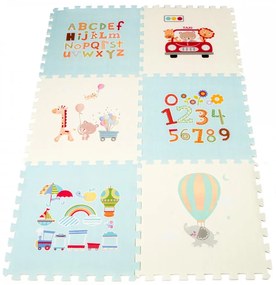 Covor puzzle din spuma pentru copii  imprimeu masinute  litere si cifre colorate  177 x 118 x 1.3 cm