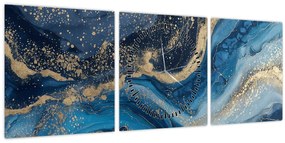 Tablou - Marmură abstractă albastru-aurie (cu ceas) (90x30 cm)