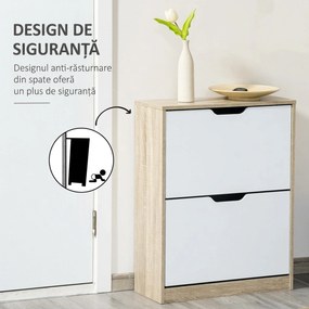 HOMCOM Dulap pantofi cu 2 Sertare Rabatabile, 8 Perechi, cu un Dispozitiv Anti-Răsturnare, Design Compact, 62,5x26x81 cm, Natural | Aosom Romania