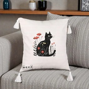 Perna Decorativa Pisica Neagra Flori Rosii Folk, 40x40 cm, Bej cu Franjuri, Husa Detasabila, Perna Inclusa, BEKZ®