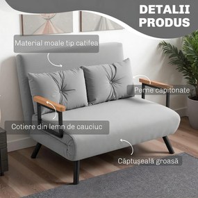HOMCOM Canapea Extensibilă Cu Aspect Catifelat și Spătar Reglabil, Gri Deschis | Aosom Romania
