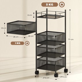 HOMCOM Cărucior de bucătărie pe roți, 5 nivele, cărucior de depozitare 4 coșuri rotative, raft, 27,5x27,5x77cm, negru | Aosom Romania