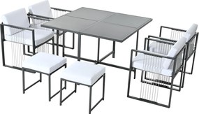 Set de grădină 7 piese pentru 6 persoane, masă din sticlă securizată, 4 scaune împletite și 2 taburete pentru picioare, Negru+Alb