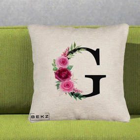 Cadou Personalizat - Perna Personalizata Monograma Florala Litera G, 40x40 cm, Bej Canapea, Husa Detasabila, Perna Inclusa, BEKZ®