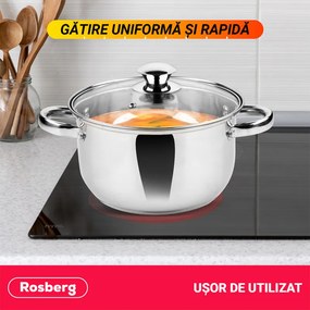 Oala Rosberg R51210O26, 6.3 L, 26x14.5 cm, Capac din sticla, Inox