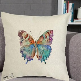 Perna Decorativa Fluture Acuarela Multicolor Portocaliu-Bleu-Mov, 40x40 cm, Ecru, Husa Detasabila, Perna Inclusa, BEKZ®