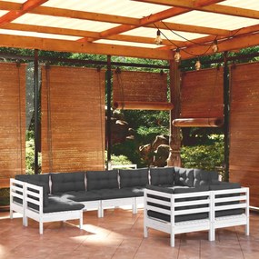 vidaXL Set mobilier de grădină cu perne, 9 piese, alb, lemn masiv pin