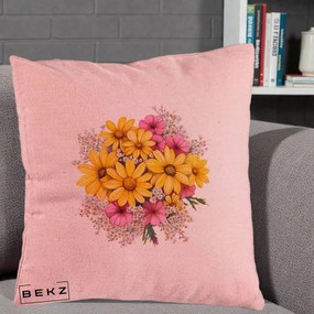 Perna Decorativa Floarea-Soarelui cu Cosmos Roz si Gypsophila, 40x40 cm, Roz, Husa Detasabila, Perna Inclusa, BEKZ®