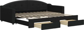 vidaXL Pat de zi cu extensie și sertare, negru, 90x200 cm, textil