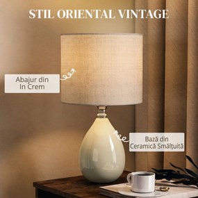 HOMCOM Lampă de masă din ceramică, cu abajur textil aspect in, E27, întrerupător basculant, pentru dormitor, crem | Aosom Romania