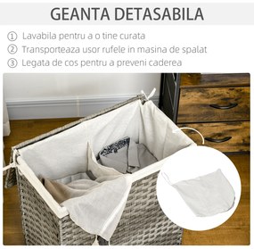 HOMCOM Cos de rufe din ratan cu capac, cos de rufe 100 litri cu 2 sectiuni si geanta detasabila lavabila | AOSOM RO