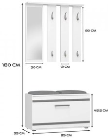 CUI501 - Cuier 85 cm, 6 agatatori haine, hol, lada pantofi, pantofar cu oglinda - Alb / Culoarea Stejar / Sonoma