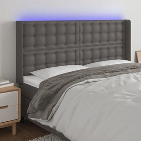 3124160 vidaXL Tăblie de pat cu LED, gri, 203x16x118/128 cm, piele ecologică