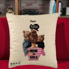 Cadou pentru Mama - Perna Personalizata Super Mama Mom of Girls, 40x40 cm, Bej, Husa Detasabila, Perna Inclusa, BEKZ®