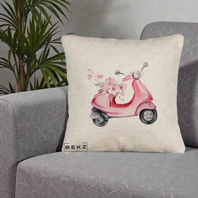 Perna Decorativa Scuter Roz cu Flori Acuarela, 40x40 cm, Bej Canapea, Husa Detasabila, Perna Inclusa, BEKZ®
