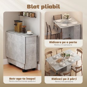 HOMCOM Masă de Luat Masa Pliabilă, Masă de Bucătărie cu Blaturi Rabatabile și Roți cu Frâne pentru 6 Persoane, Birou Compact cu 2 Sertare, 2 Uși și Dulap, pentru Living, 140x76x74î cm, Gri Ciment | Aosom Romania