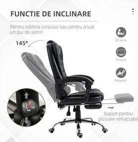 HOMCOM Scaun Birou din Piele Artificială Neagră Înălțime Reglabilă Spătar Rabatabil 64.5x69x127cm | Aosom Romania