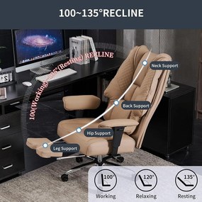 EXCEBET Scaun directorial, Rezistent 180 kg, Sezut cu Arcuri Metalice și Spumă, cotiere reglabile inaltime, piele PU, Maro