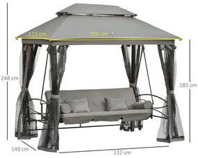 Outsunny Balansoar 3 Posti si Sezlong cu Copertina tip Foisor cu Plasa Impotriva Tantarilor si Perne, Gri Inchis 256x172x248cm