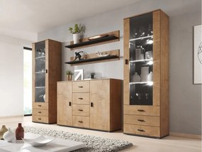Mobilă pentru sufragerie Charlotte E112Negru, Lefkas stejar, Cu componente suplimentare, Părți separate, PAL laminat, Sticlă, 192x252x41cm, 162 kg