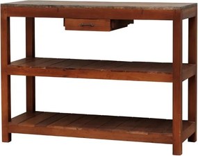 Consolă hol vintage din lemn reciclat, maro, cu blat din zinc, sertar și 2 rafturi, 93 x 122 x 46 cm, „Dara”