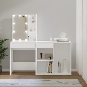 3082017 vidaXL Măsuță de toaletă cu LED și dulap, alb, lemn prelucrat