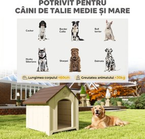 PawHut Căsuță pentru câini de talie medie și mare, ridicată, cu acoperiș înclinat, guri de aerisire și cuie, căsuță din PP, 88x78x89 cm, Bej și Maro Închis | Aosom Romania