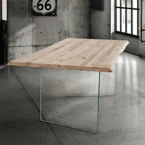 MASA GLASS - BLAT LEMN MASIV CU PICIOR STICLA SECURIZATA - LEMN NATUR - 180 cm / 90 cm / 77 cm