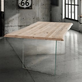 MASA GLASS - BLAT LEMN MASIV CU PICIOR STICLA SECURIZATA - GRI CIMENT - 250 cm / 100 cm / h 77 cm