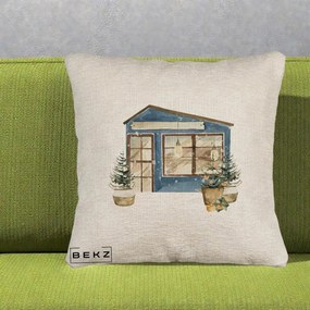 Perna Decorativa Casa de Iarna Watercolor, 40x40 cm, Bej Canapea, Husa Detasabila, Perna Inclusa, BEKZ®