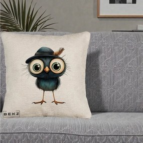 Perna Decorativa Pui Misterios cu Palarie Neagra, 40x40 cm, Bej Canapea, Husa Detasabila, Perna Inclusa, BEKZ®