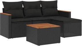vidaXL Set mobilier de grădină cu perne, 5 piese, negru, poliratan