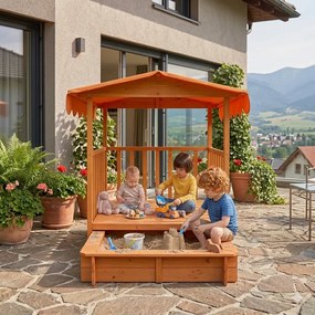 Groapa cu nisip cu verandă HAPPY, 130x130x143cm, maro/portocale Jurhan